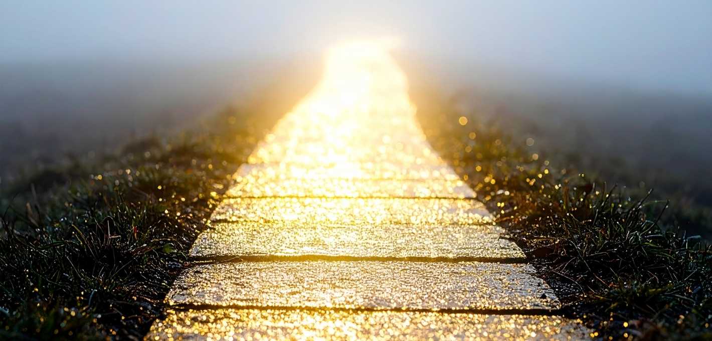 Steinplatten führen als Weg durch taunasses Gras in den Nebel und in warmes Morgenlicht, Sinnbild für Angst vor Veränderung und den nächsten kleinen Schritt